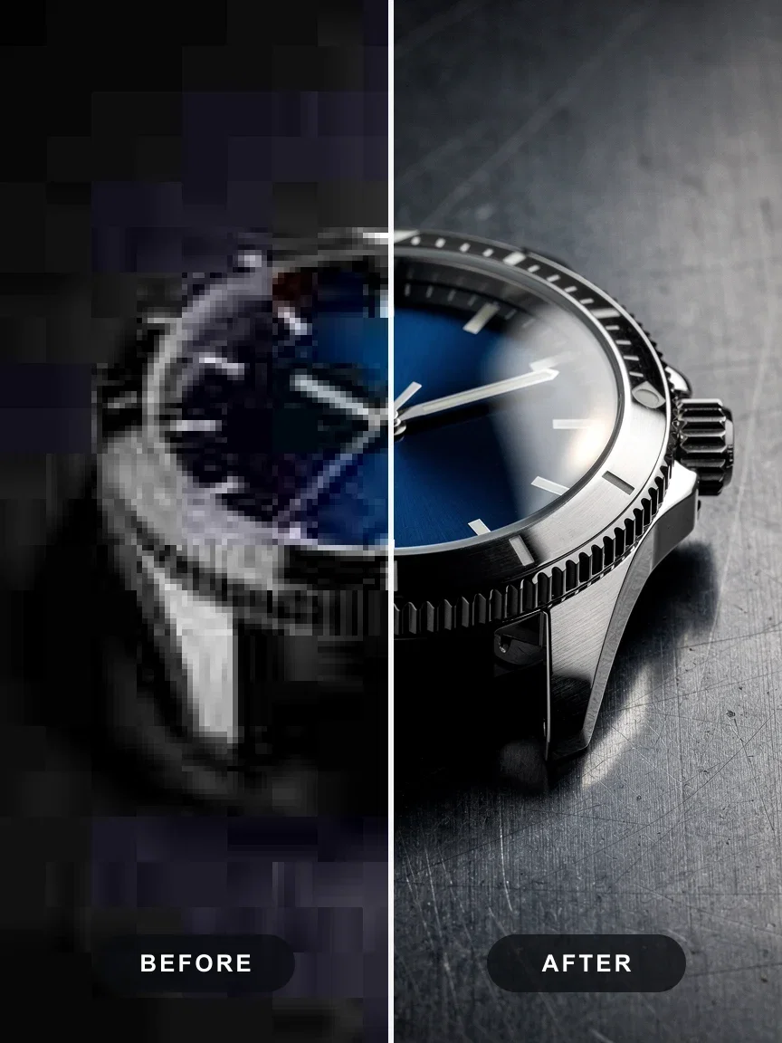 Split view of a chrome dive watch macro, mushy compressed source on the left and crisp knurling detail on the right after AI upscaling on FluxoKit
