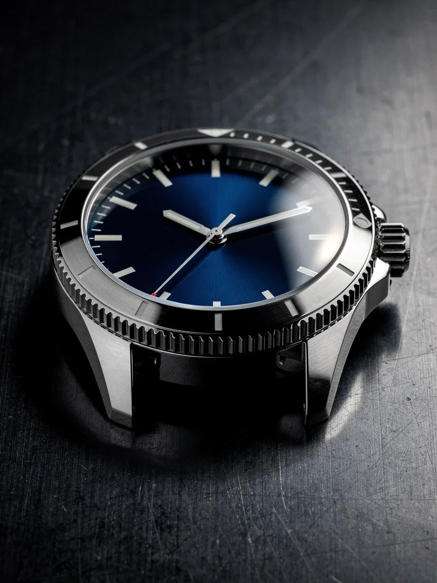 Chrome dive watch macro at full catalog resolution after AI upscaling on FluxoKit