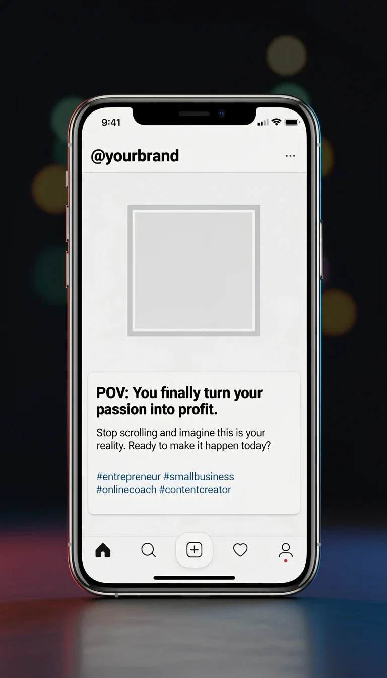 Phone mockup of an Instagram caption draft with a POV hook and hashtags, generated on FluxoKit