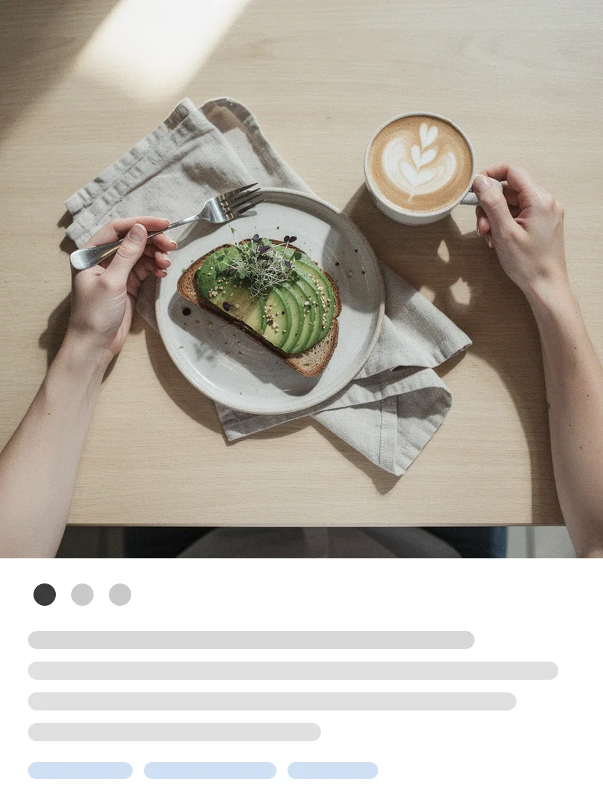Instagram post mockup of a brunch photo above placeholder caption lines and hashtag chips, generated on FluxoKit