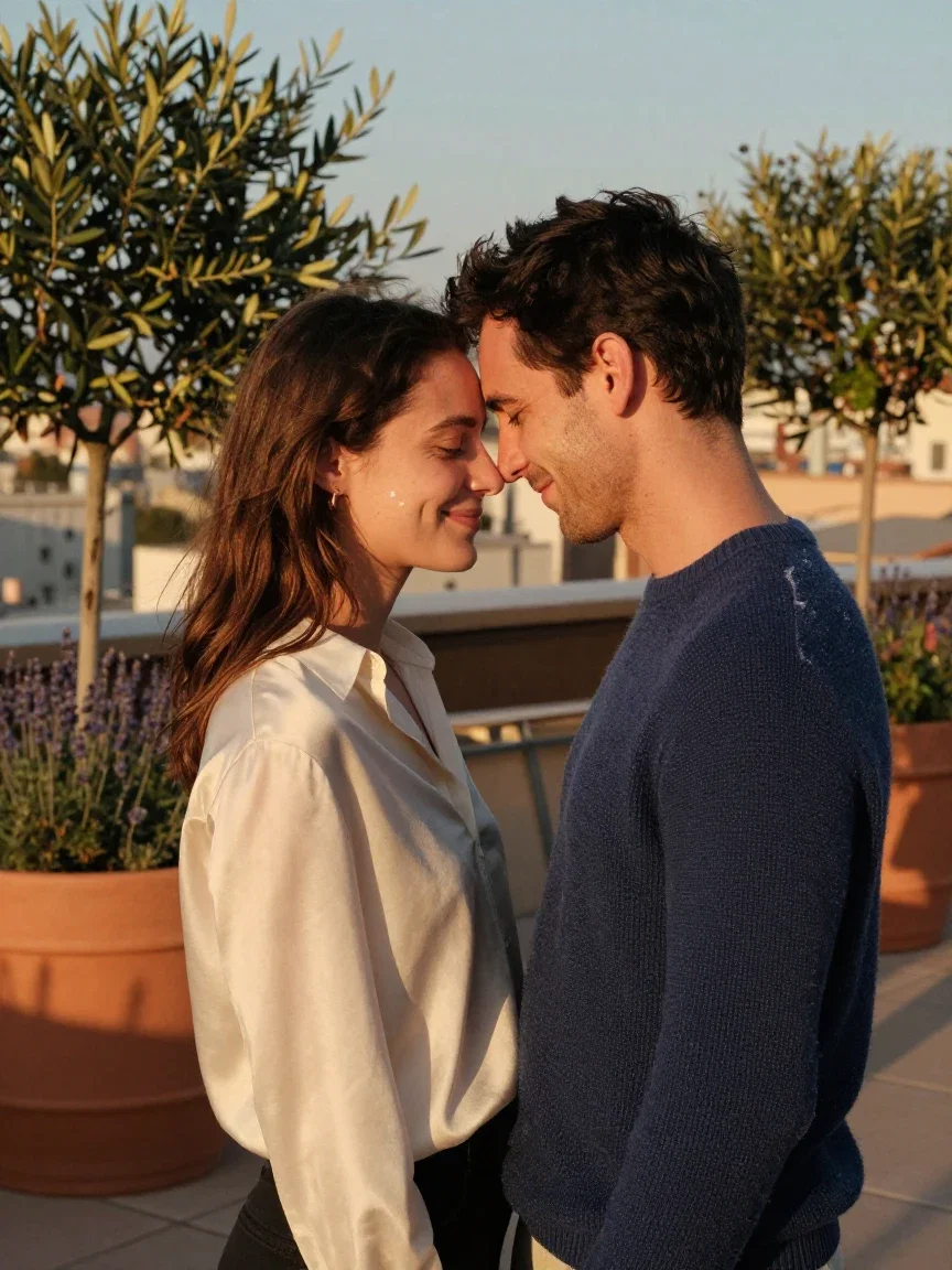 The generated still of a couple at golden hour with foreheads nearly touching, the image-to-video source on FluxoKit