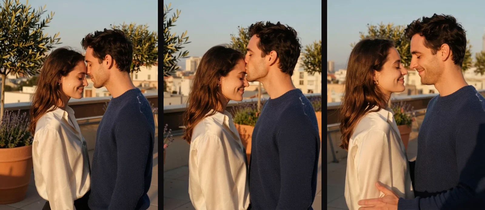 Three frames from the forehead-kiss clip showing the lean, the kiss, and the smile, on FluxoKit