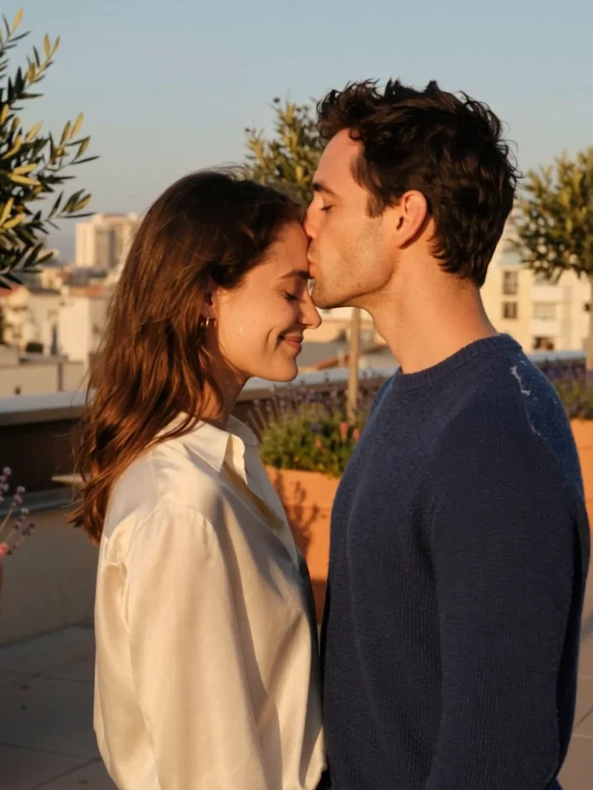 Generated clip of a man gently kissing his partner's forehead at golden hour, animated from a still photo on FluxoKit