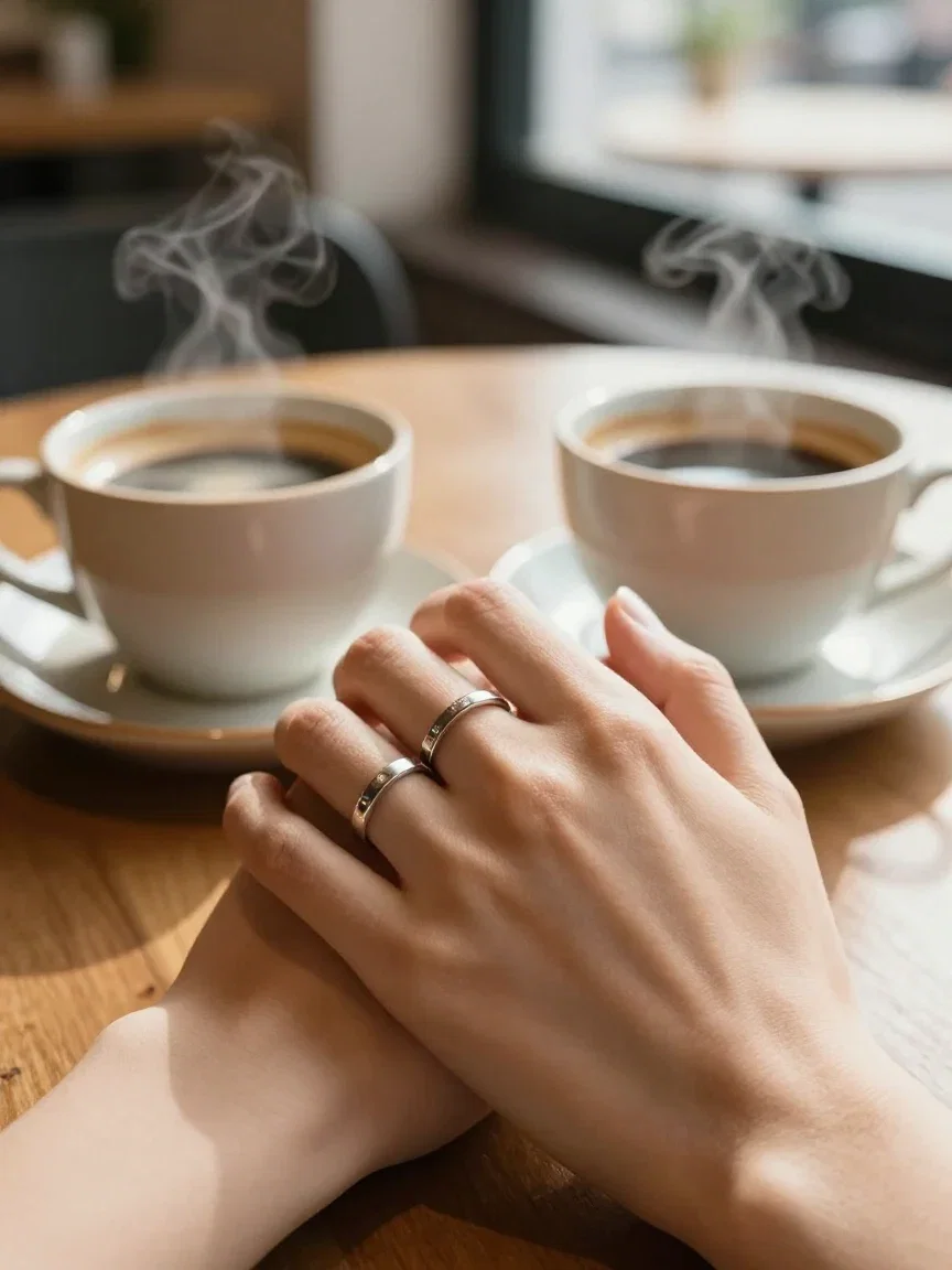 Two hands intertwined on a cafe table beside coffee cups, wedding bands visible, generated on FluxoKit