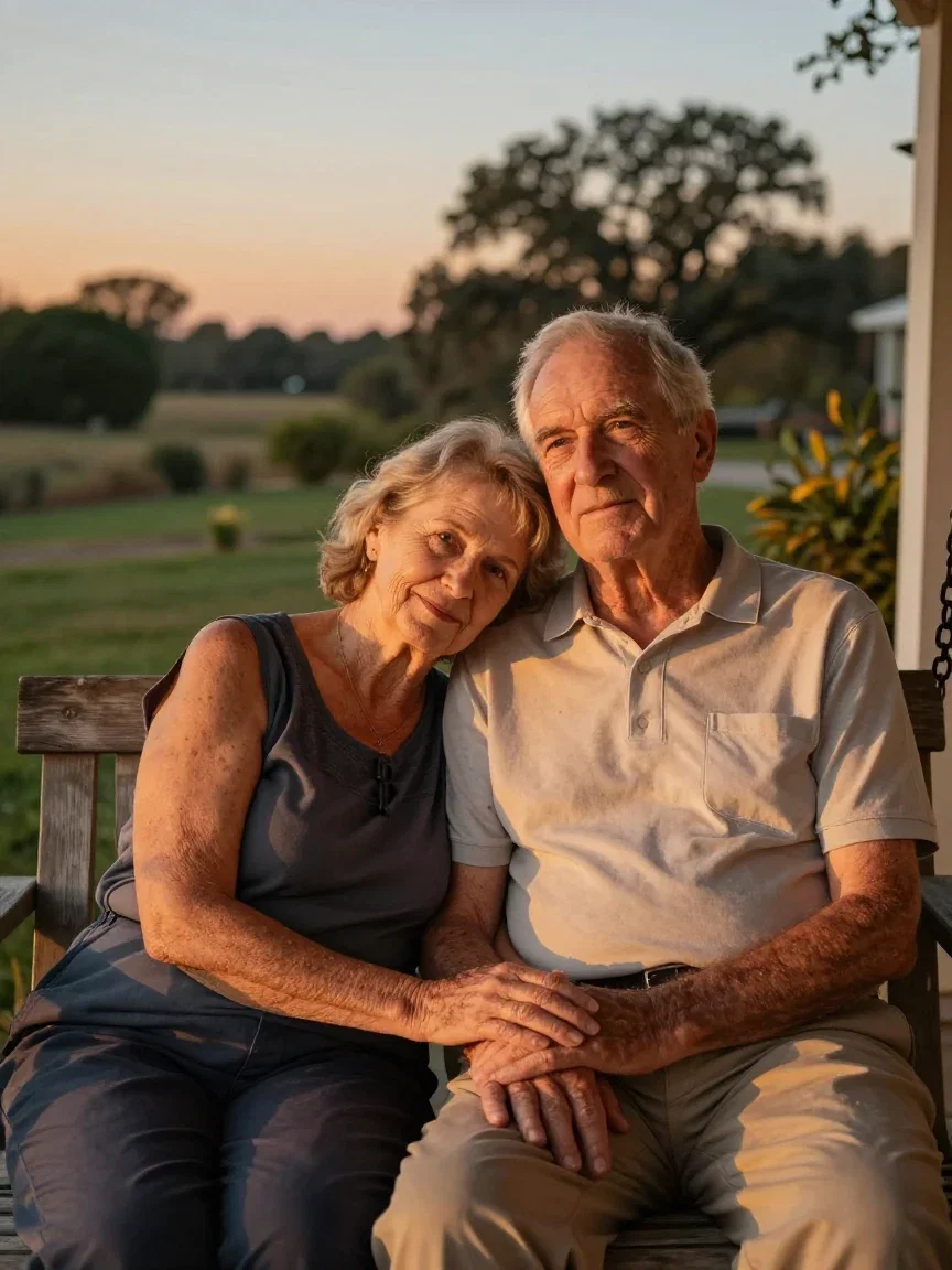 Elderly couple on a porch swing, her head resting on his shoulder in warm evening light, generated on FluxoKit