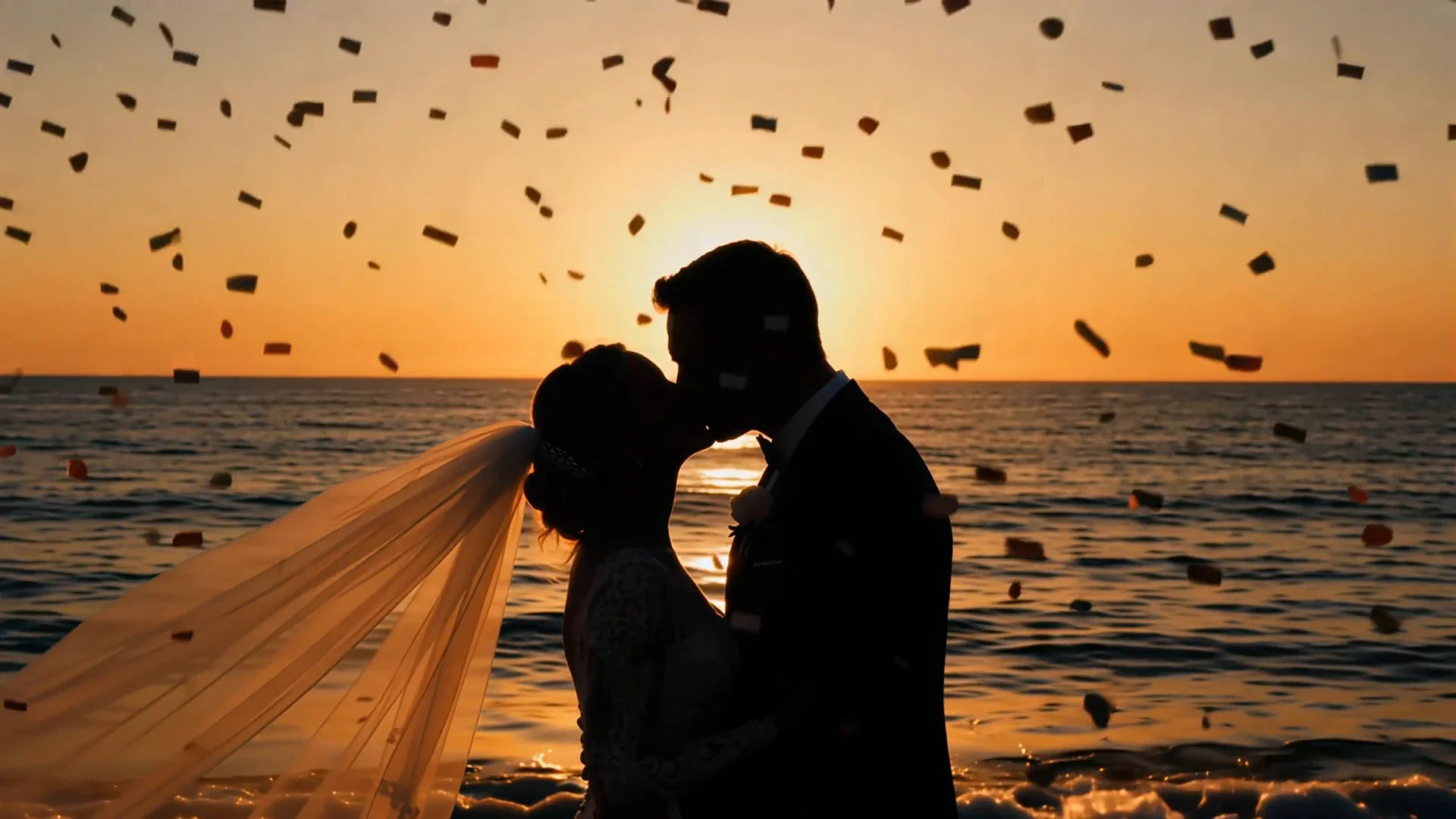 Generated clip of a wedding first kiss in silhouette against an ocean sunset with drifting confetti, made on FluxoKit