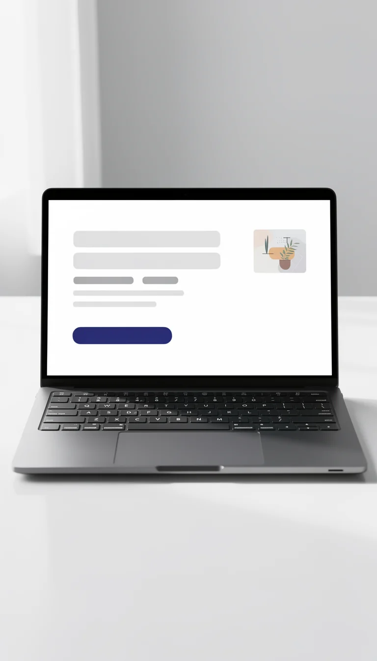 Laptop on a studio desk showing a landing page hero laid out with placeholder copy bars and one accent button, generated on FluxoKit