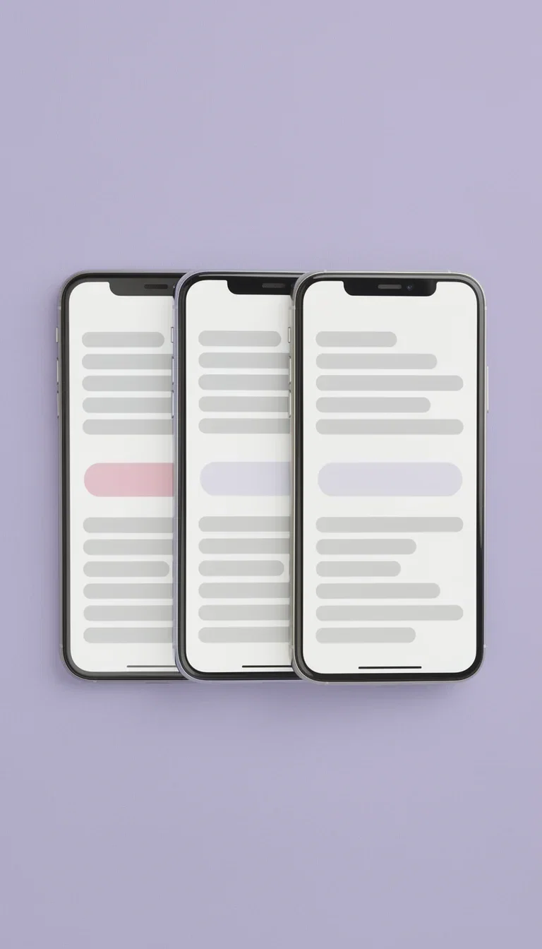 Three fanned smartphone screens showing a landing page layout with placeholder copy bars, generated on FluxoKit