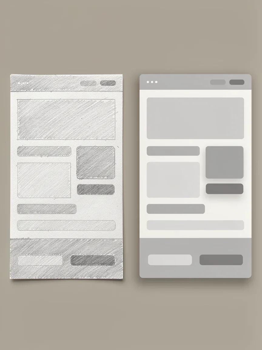 Split view of a hand-drawn landing page wireframe beside the same layout as a finished flat design, generated on FluxoKit