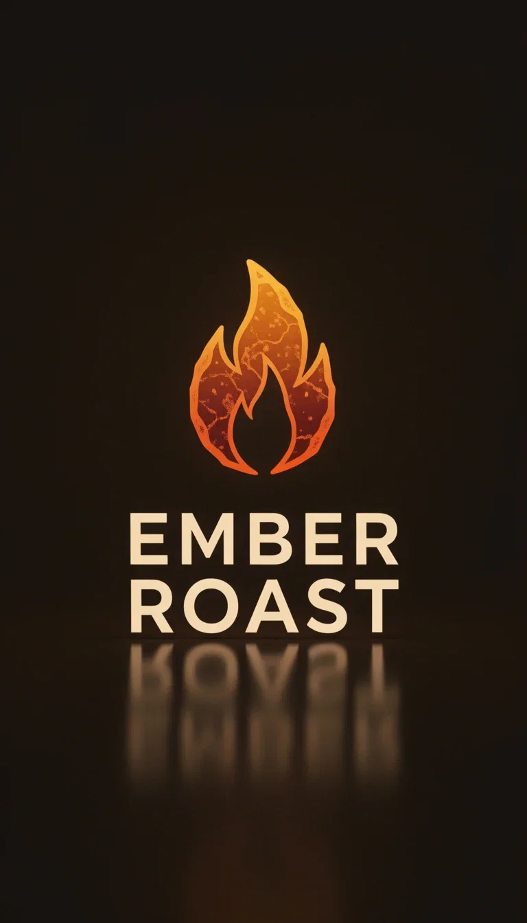 Minimal coffee-brand logo with an ember flame icon above the wordmark EMBER ROAST, generated on FluxoKit