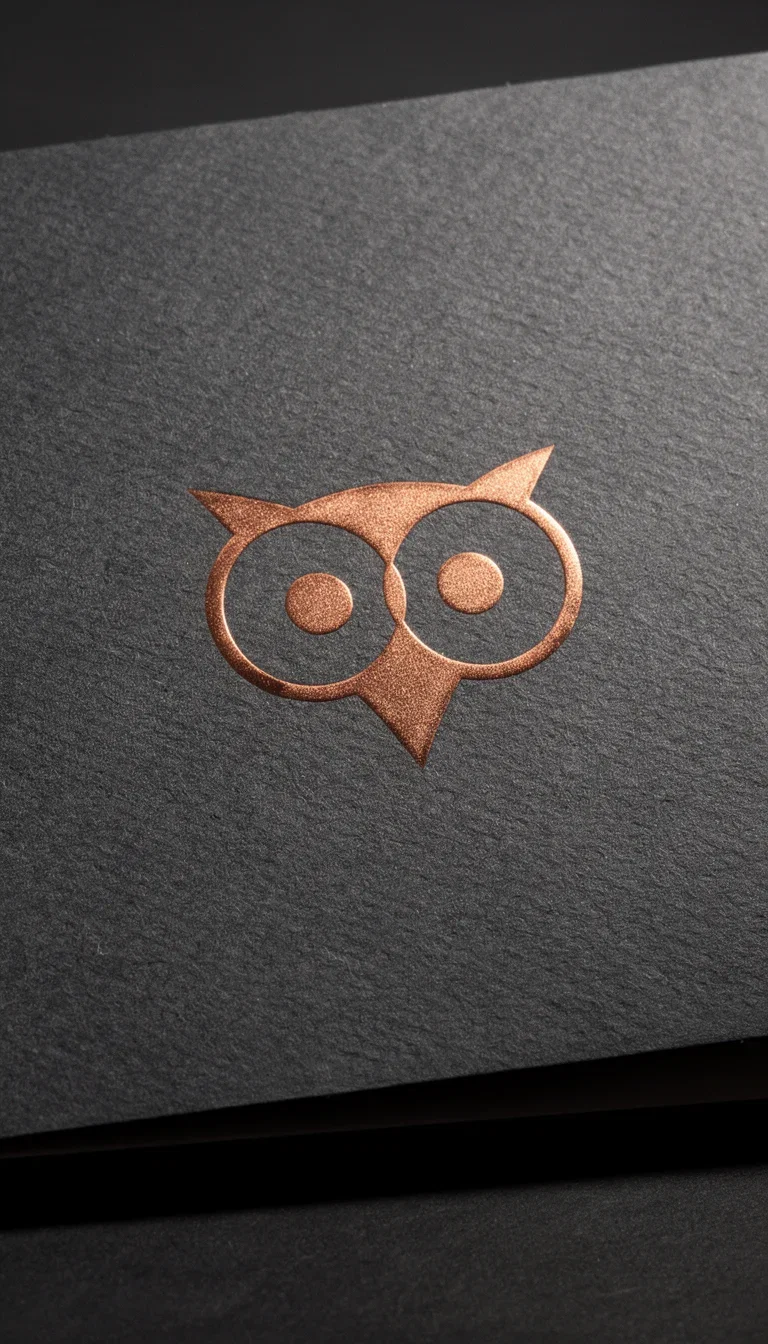 Abstract owl logomark stamped in copper foil on charcoal paper, a print-finish logo mockup generated on FluxoKit