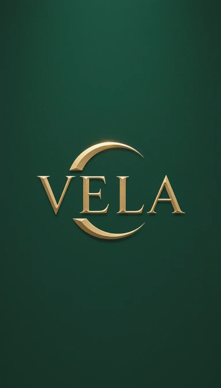 Elegant gold serif wordmark VELA with a crescent accent on deep green, luxury skincare logo generated on FluxoKit