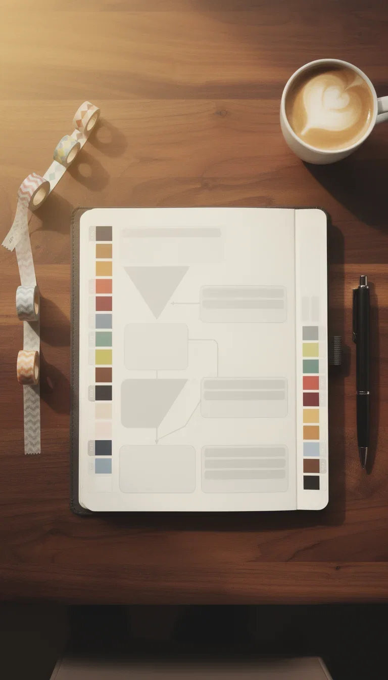 Overhead desk with a notebook funnel sketch, color swatches, washi tape and a latte, generated on FluxoKit