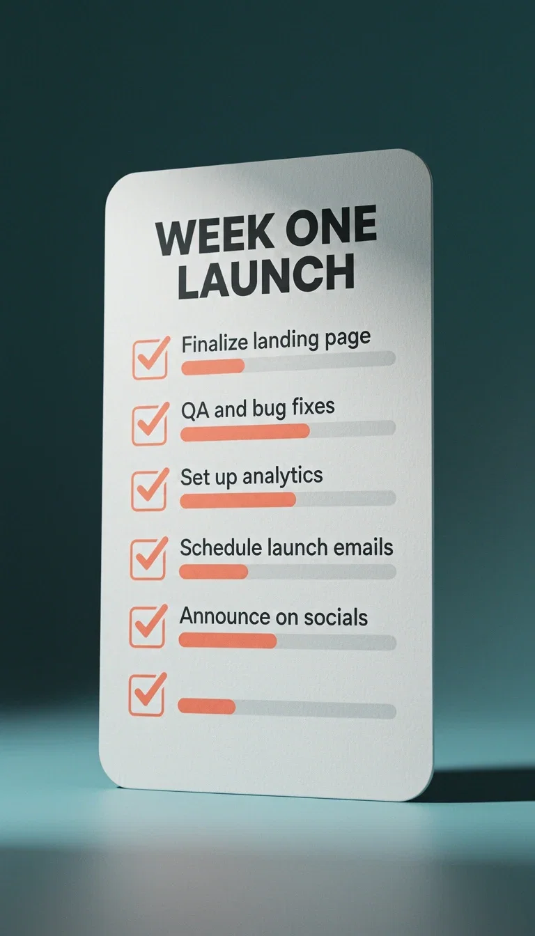 Week-one launch checklist card with tasks checked in coral, generated on FluxoKit