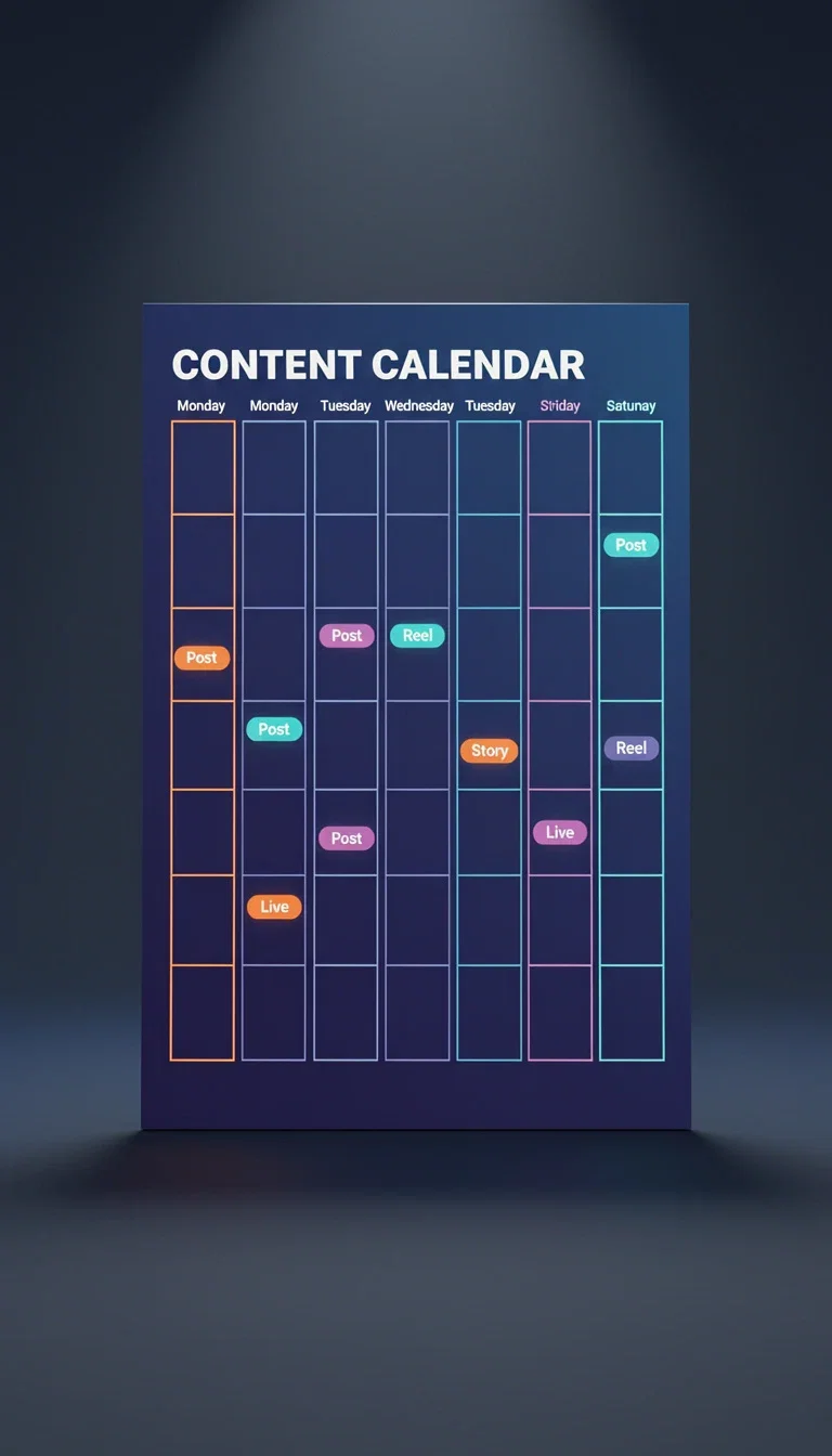 Flat content calendar card with a week grid and post-daily label, generated on FluxoKit