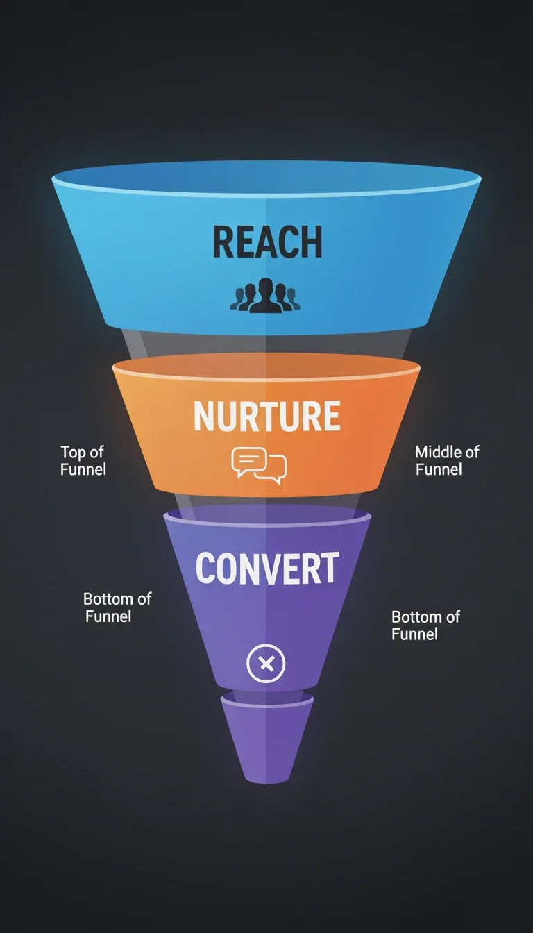Flat funnel infographic with three stages reading reach nurture convert, generated on FluxoKit