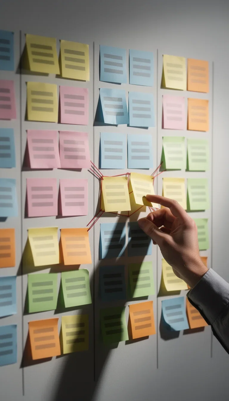 Hand moving sticky notes with placeholder text bars across a kanban planning wall, generated on FluxoKit