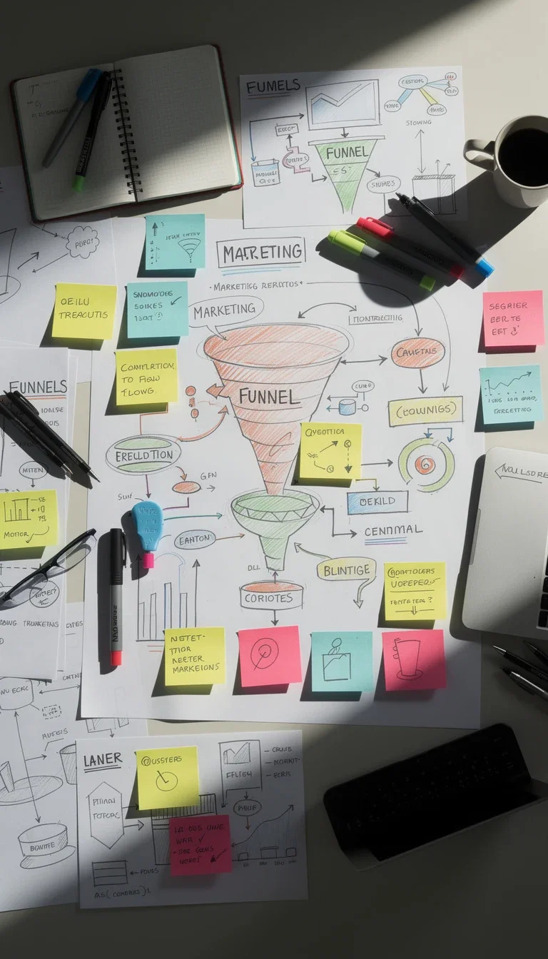 Overhead desk covered in funnel sketches and sticky notes, generated on FluxoKit