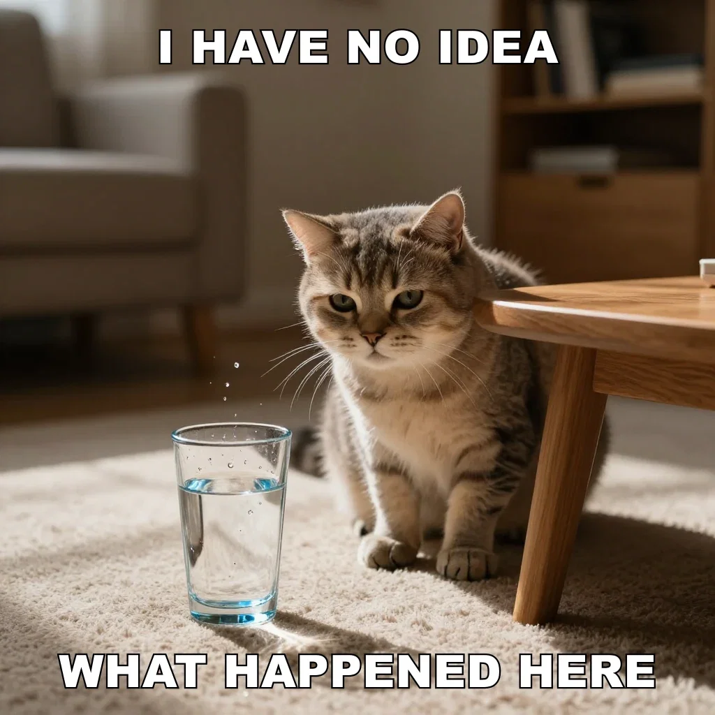 Meme of a deadpan cat beside a glass of water with the caption I have no idea what happened here, made on FluxoKit