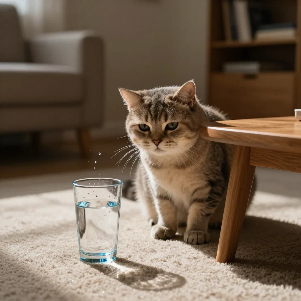 The generated scene of a deadpan cat beside a glass of water before captioning, on FluxoKit