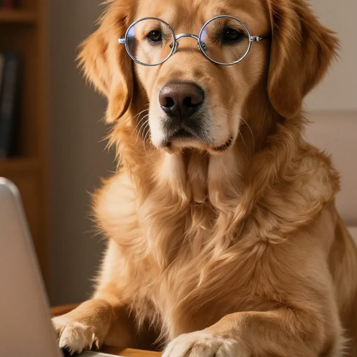 Close crop of the golden retriever's serious bespectacled face from the dog meme, on FluxoKit