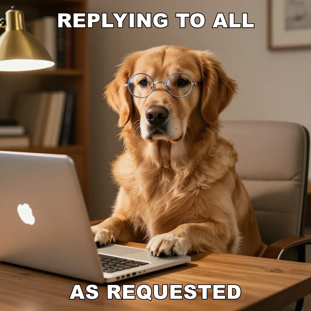 Meme of a golden retriever in reading glasses at a laptop captioned replying to all as requested, made on FluxoKit