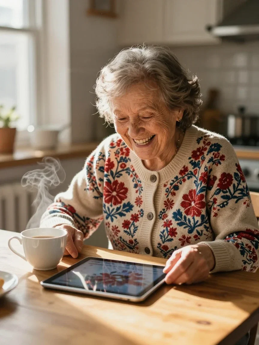 Grandmother in a floral cardigan laughing heartily at a tablet over morning tea, generated on FluxoKit