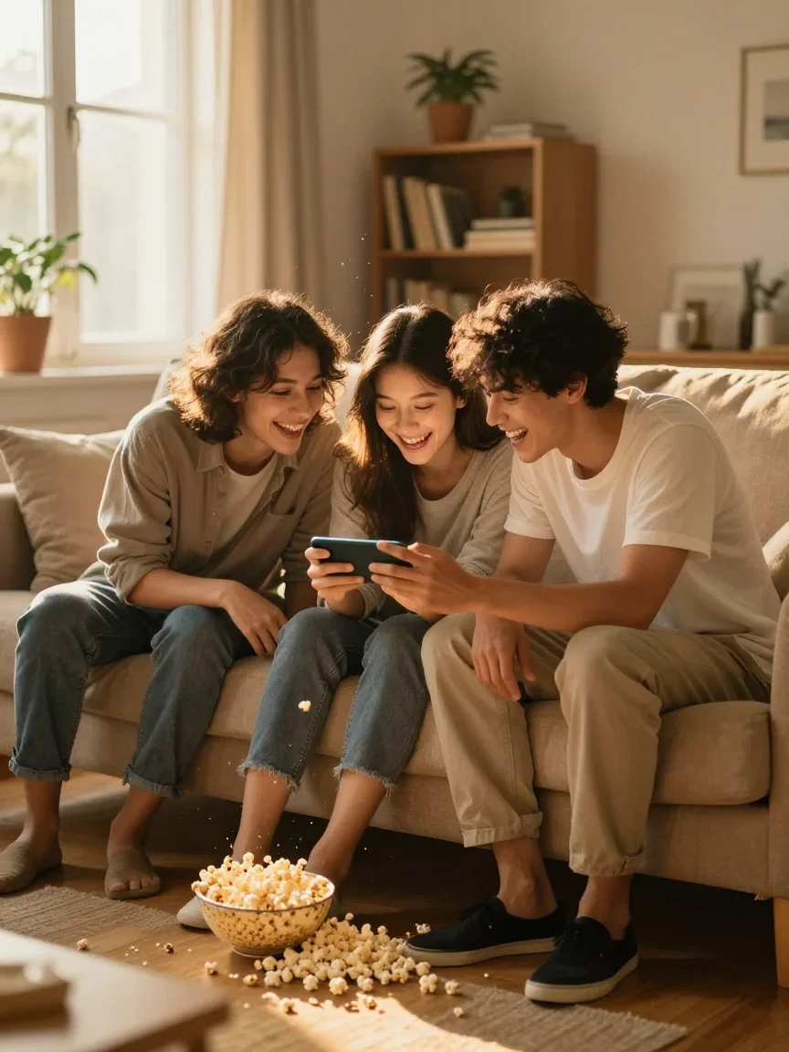 Three friends on a couch laughing hard at one phone with popcorn spilling, generated on FluxoKit