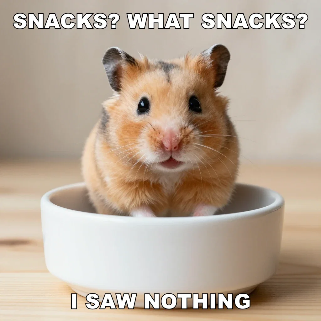 Meme of a hamster with stuffed cheeks by an empty bowl captioned snacks what snacks I saw nothing, made on FluxoKit