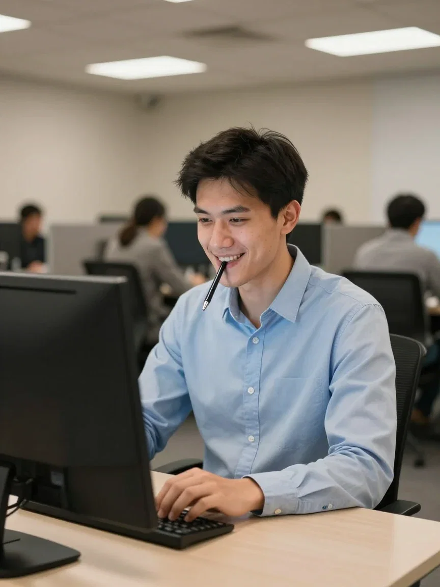 Office worker biting a pen trying not to laugh at his monitor, generated on FluxoKit