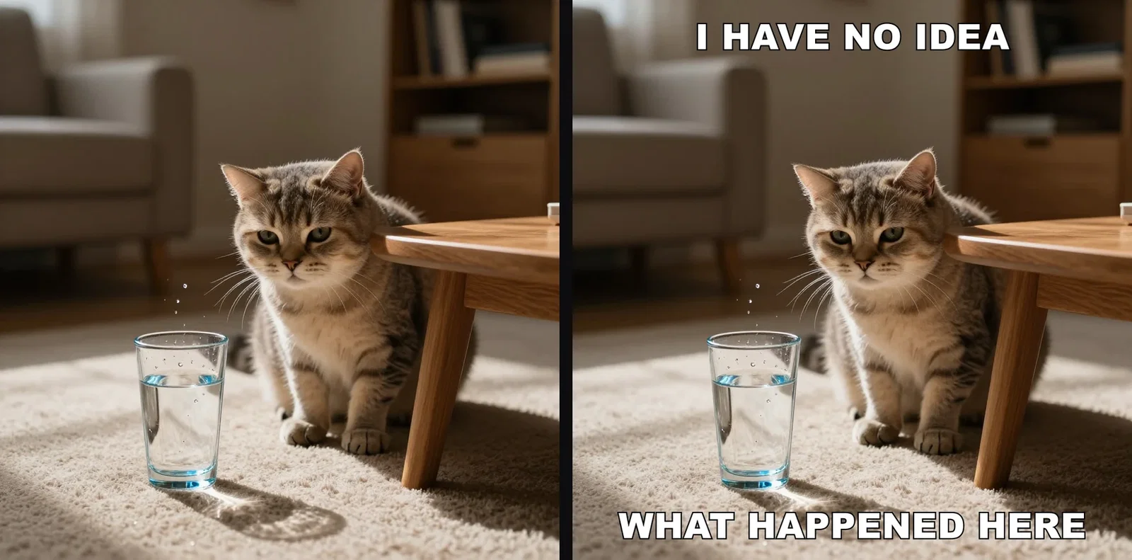 Side by side: the generated deadpan cat scene and the same image finished with classic meme captions, on FluxoKit