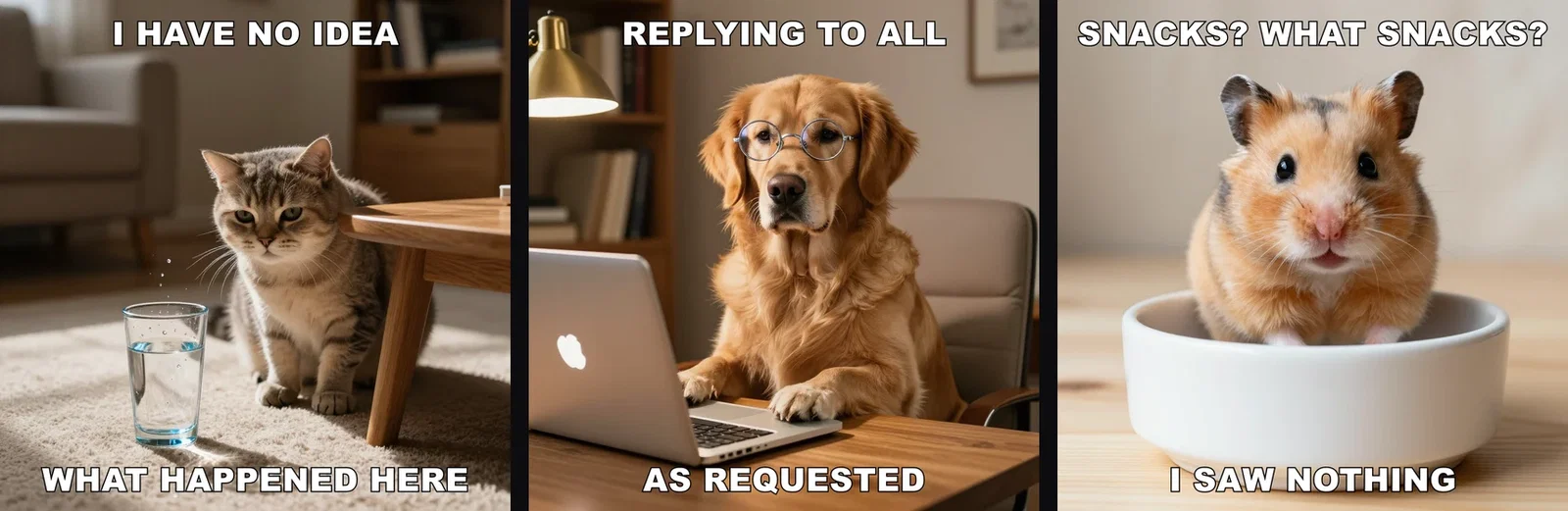 Three finished original memes side by side: the deadpan cat, the emailing dog, and the innocent hamster, made on FluxoKit