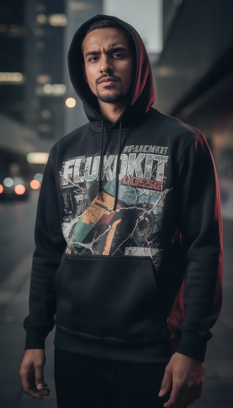 Streetwear hoodie photo edited with a distressed FluxoKit screen-print across the chest, made with Nano Banana Pro 2