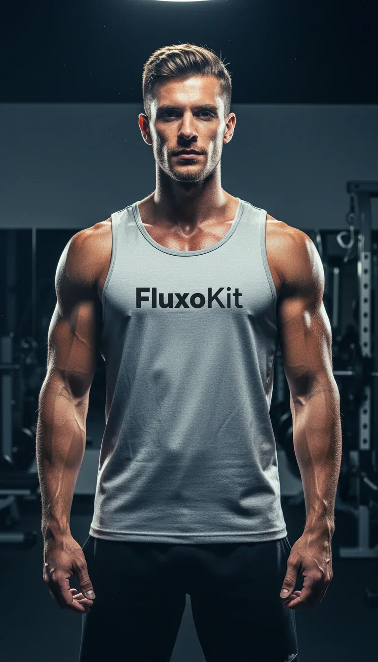 Athlete tank-top photo edited with a brand logo that follows the fabric folds, made with Qwen Image Edit Max on FluxoKit