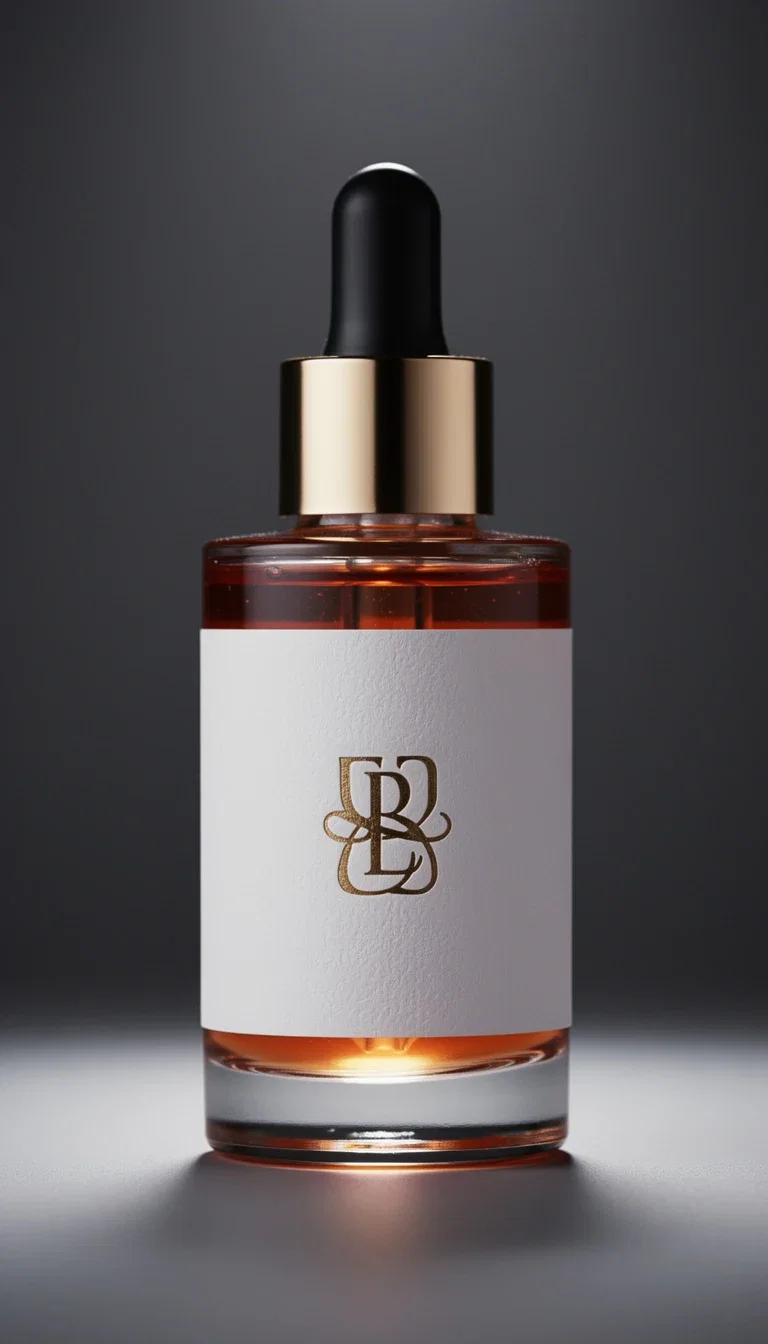 Serum bottle photo edited to carry a subtle foil-stamped brand logo on the label, made on FluxoKit