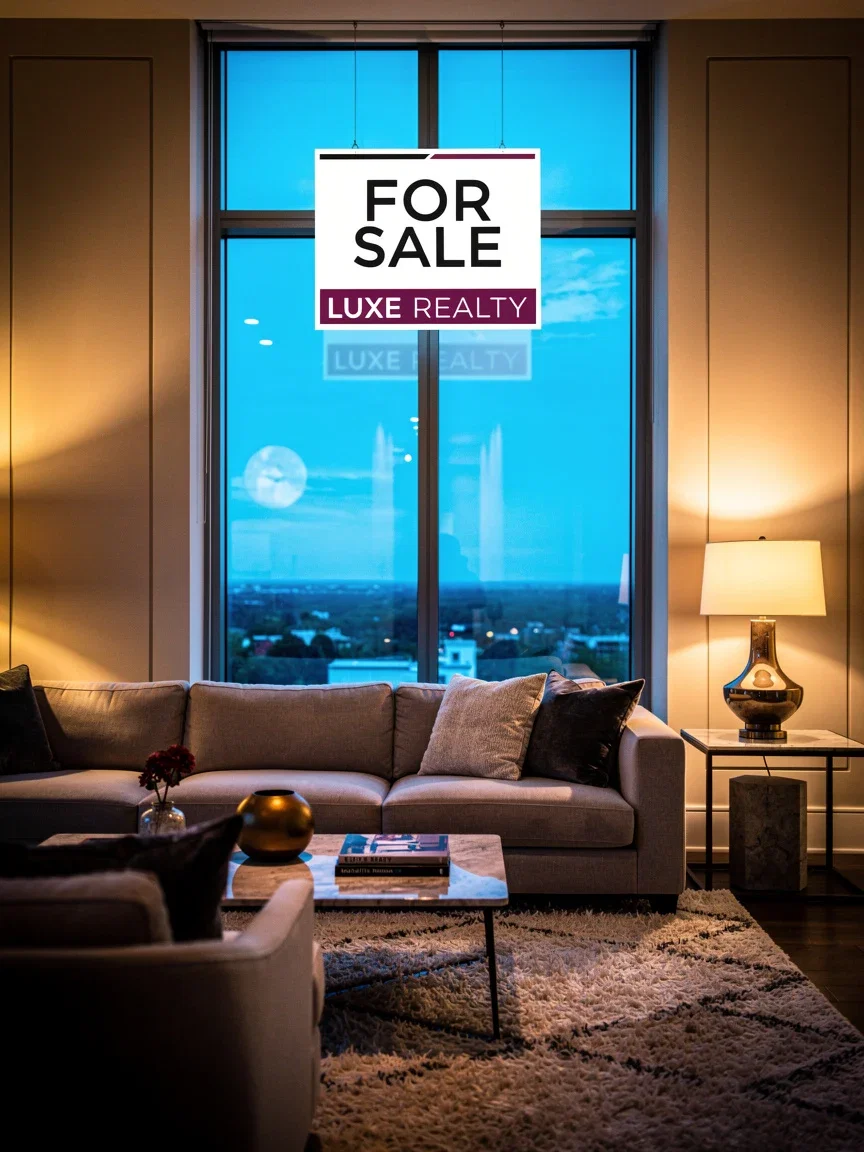 Living-room photo edited to add a branded for-sale sign in the window with matching light, made on FluxoKit