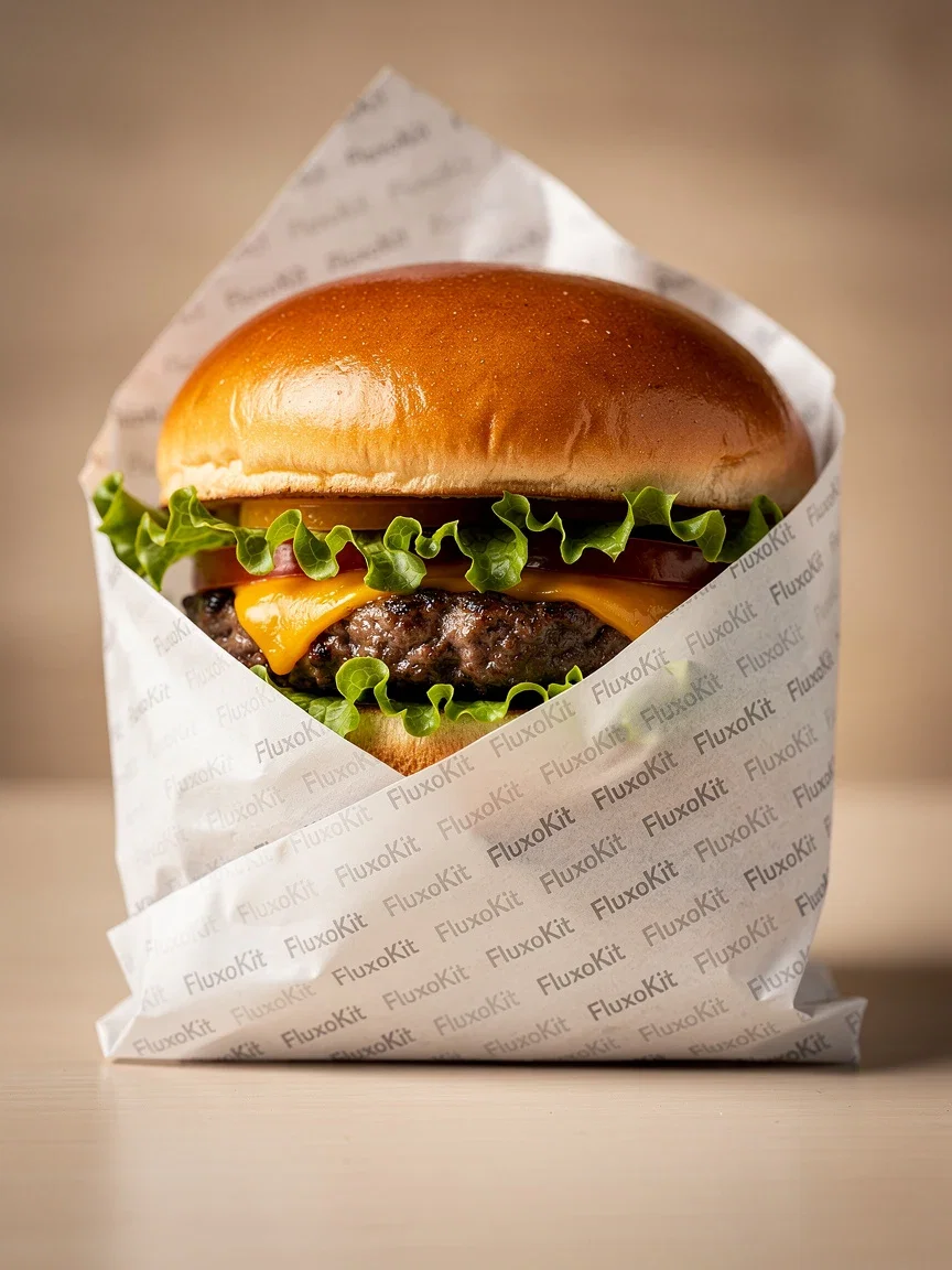 Burger wrap paper edited with a repeating brand-logo pattern while the food stays untouched, made with FLUX 2 Pro
