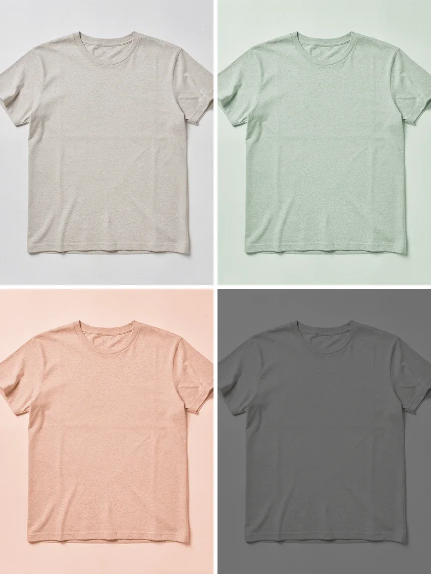 Grid of the same t-shirt photo recolored into oatmeal, sage, clay and charcoal colorways, edited on FluxoKit