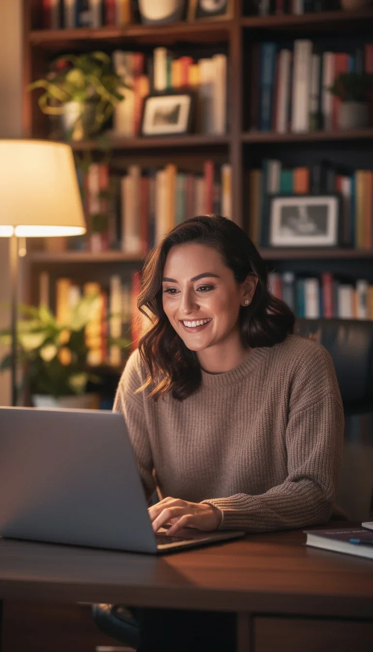 Candid warm-lit photo of a woman smiling at a laptop in a home library, generated on FluxoKit