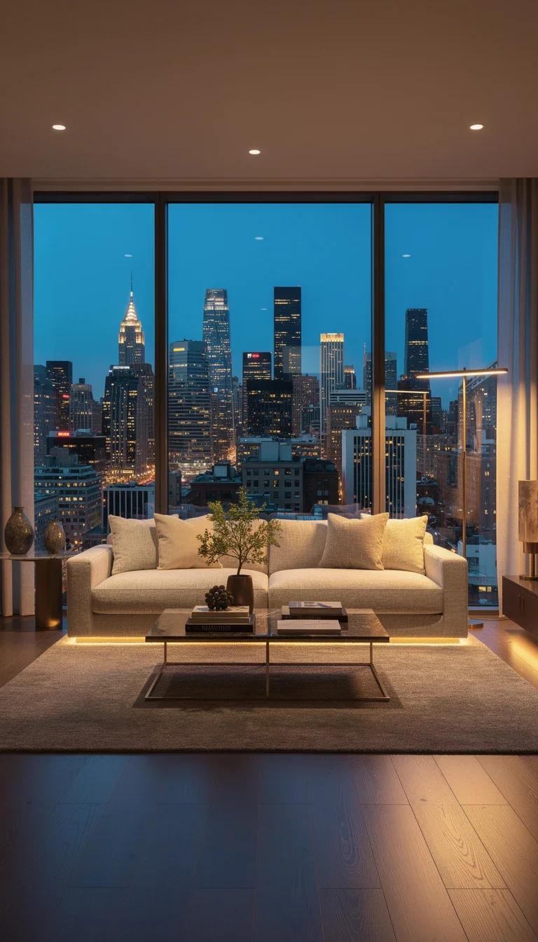 Photorealistic living-room interior with floor-to-ceiling skyline windows, generated on FluxoKit