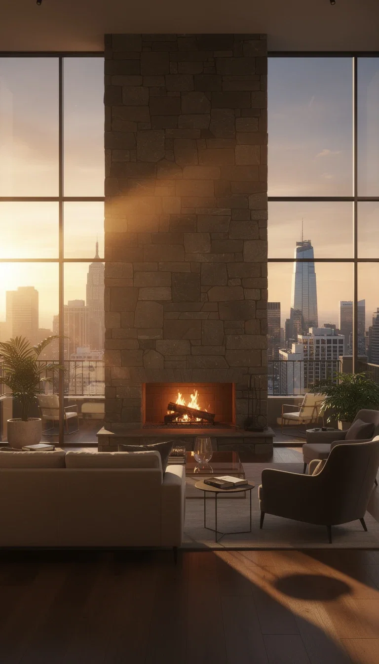Photoreal loft interior with a stone fireplace and city view at golden hour, generated on FluxoKit