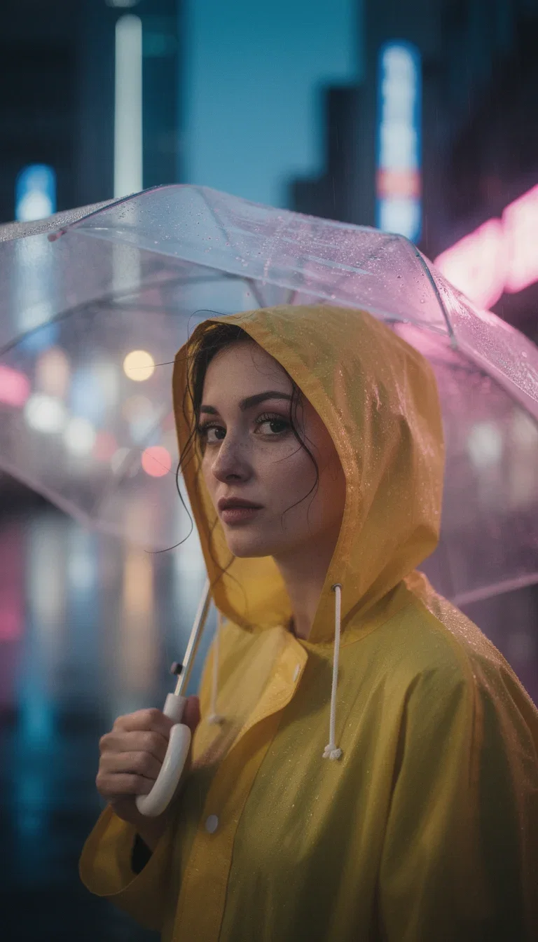 Photorealistic night street portrait of a freckled woman in a yellow raincoat with neon bokeh, generated on FluxoKit
