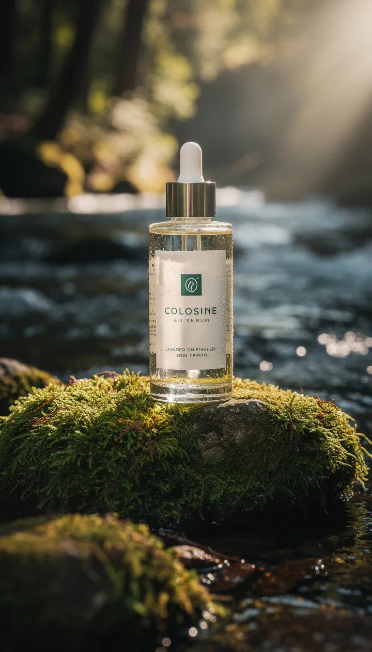 Still-life photo of a serum bottle on a mossy rock by a stream in natural light, generated on FluxoKit
