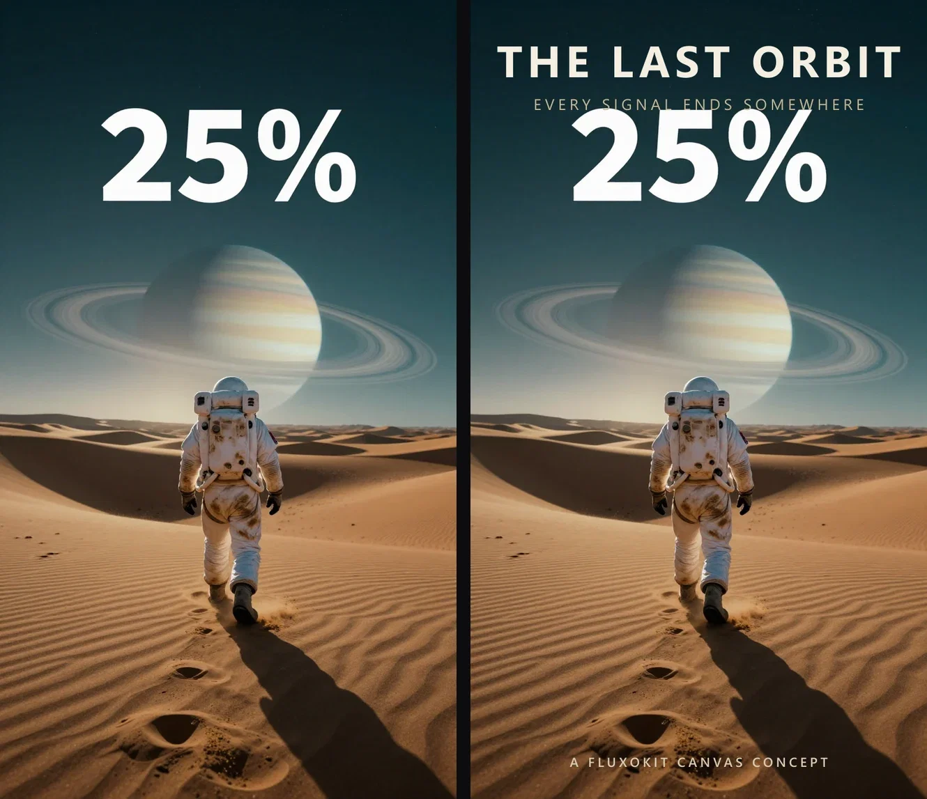 Side by side: the generated sci-fi artwork with an empty sky band, and the finished poster with the title set into that band, on FluxoKit