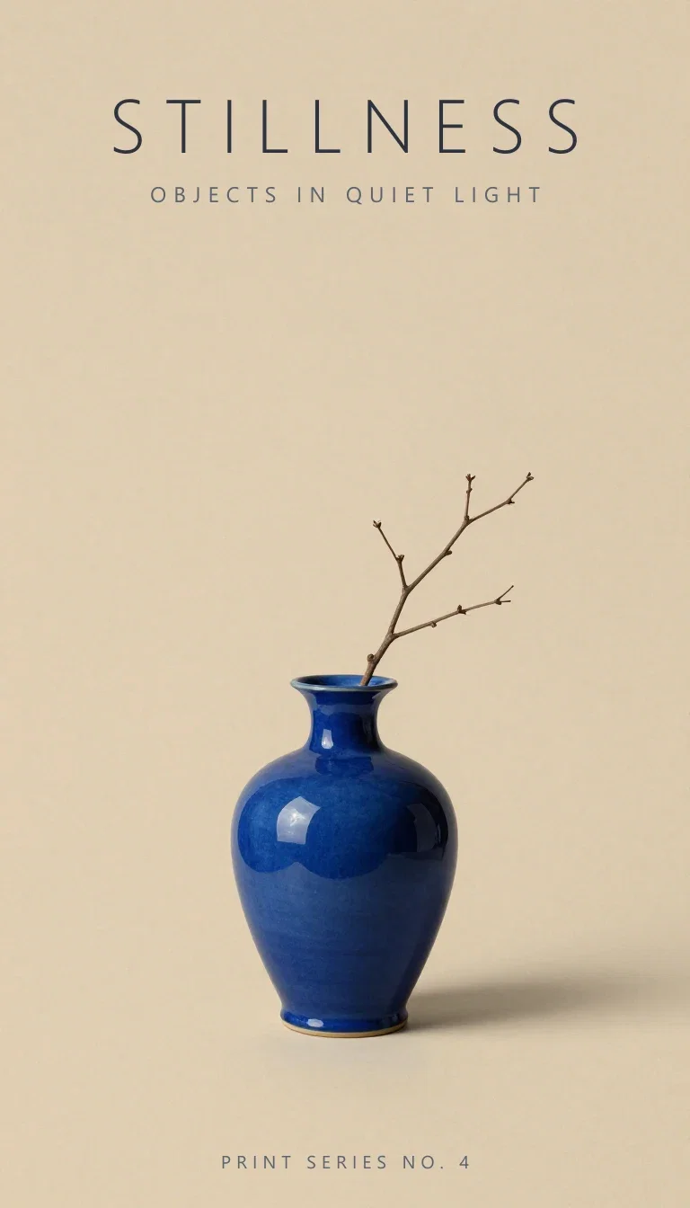 Minimal gallery art print of a blue ceramic vase with light serif-spaced type, made on FluxoKit