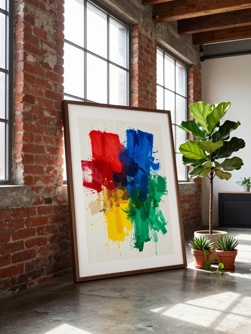 Large framed abstract poster leaning against a brick wall in a bright loft, generated on FluxoKit