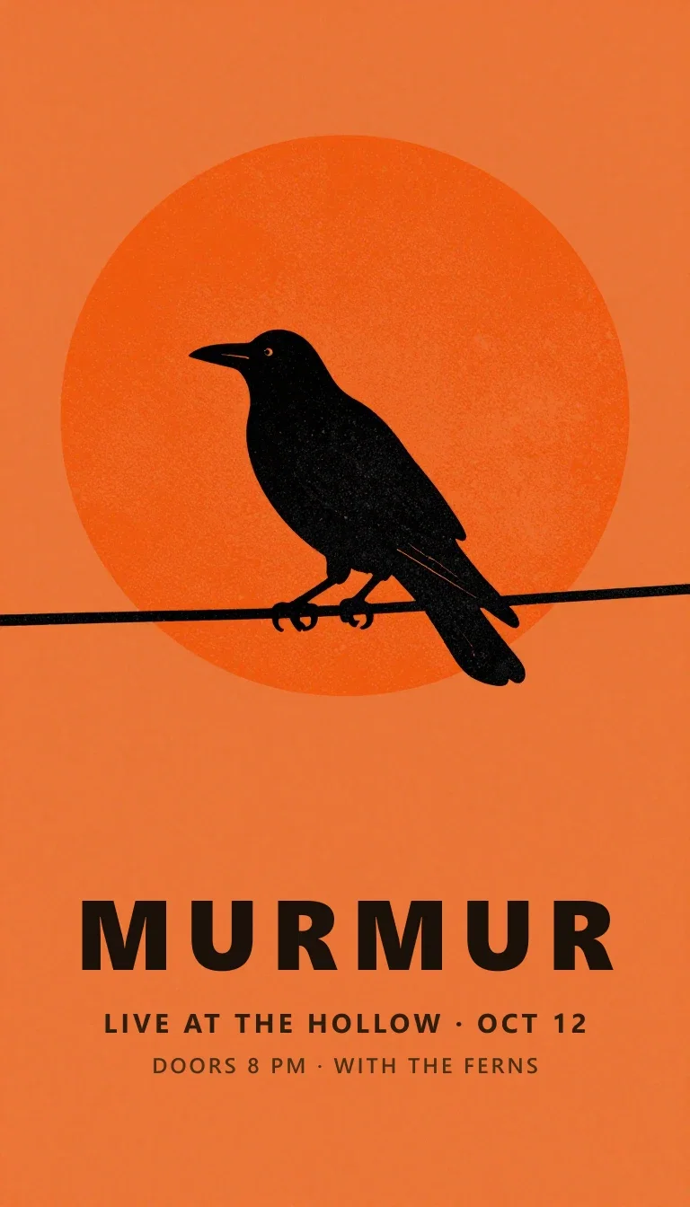 Finished gig poster of a crow against a risograph orange sun with heavy display type, made on FluxoKit
