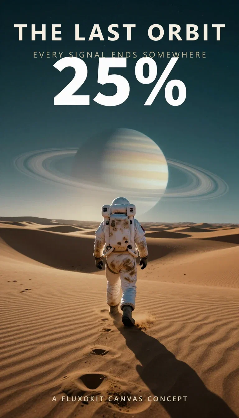 Finished sci-fi poster of an explorer walking toward a ringed planet with clean title type, made on FluxoKit