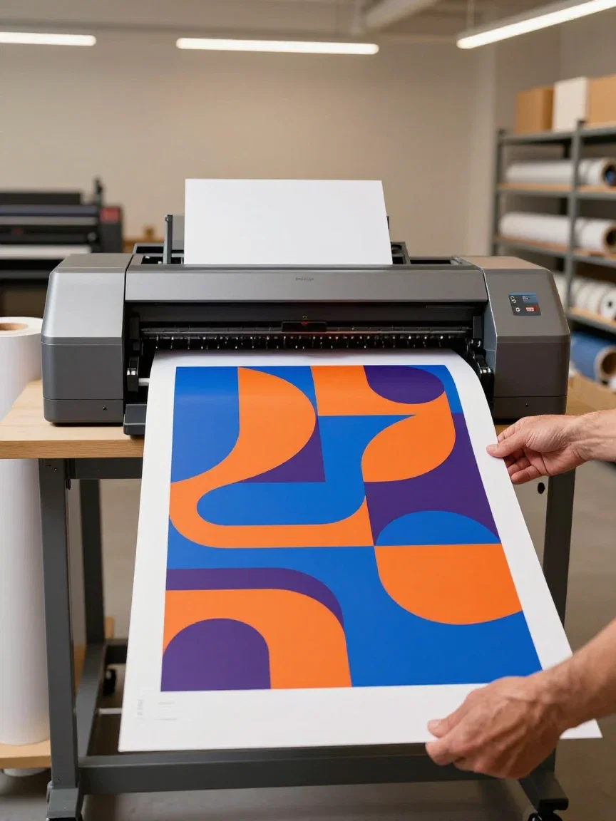 Large-format printer feeding out a vivid abstract poster print, generated on FluxoKit