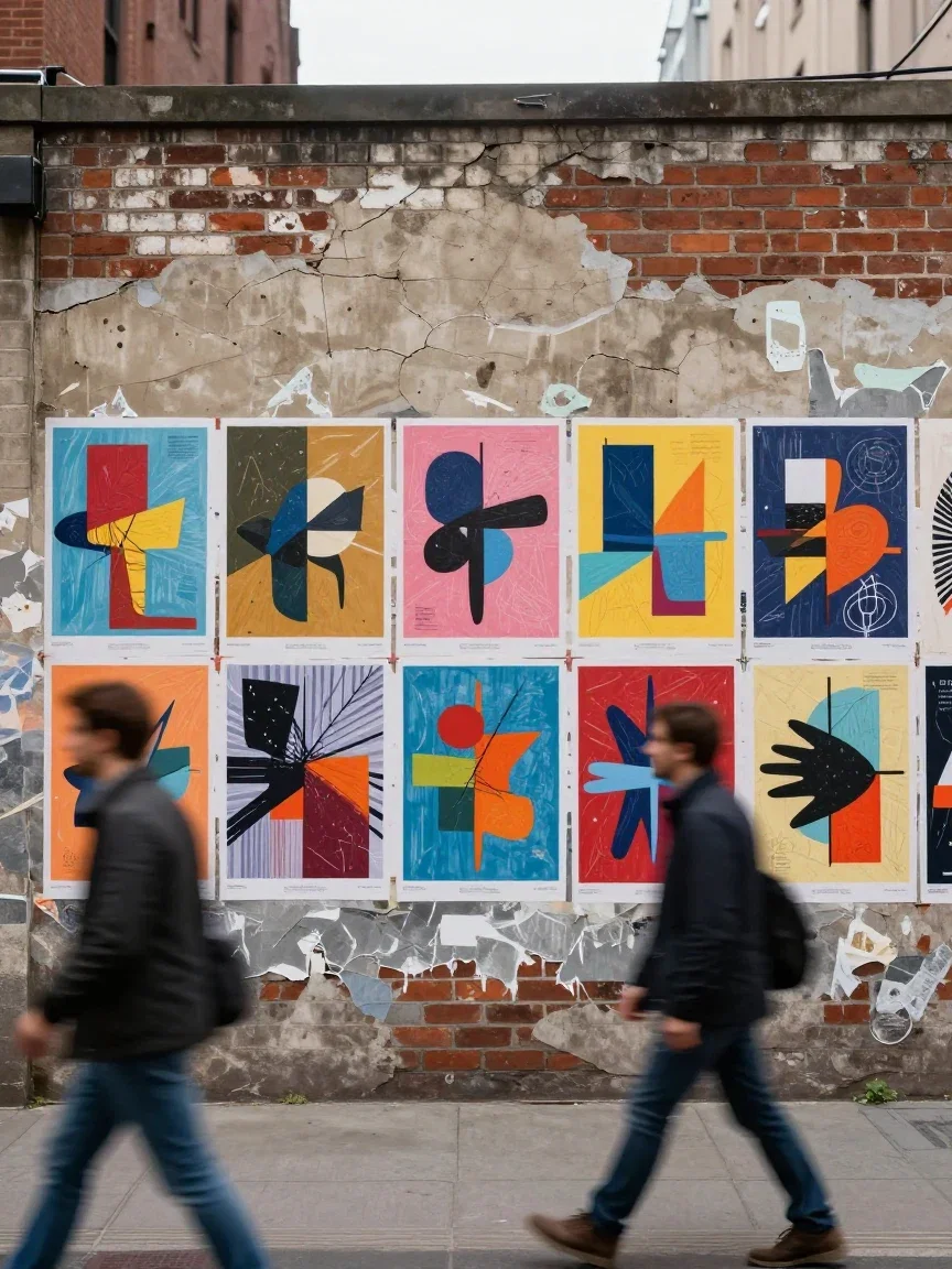 Row of colorful abstract posters wheat-pasted on a weathered city wall, generated on FluxoKit